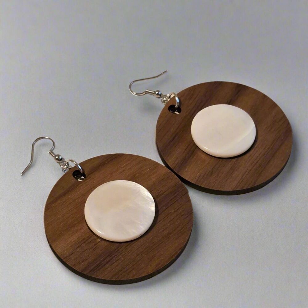 Handmade Walnut Wood and Shell Round Disc Dangle Earrings